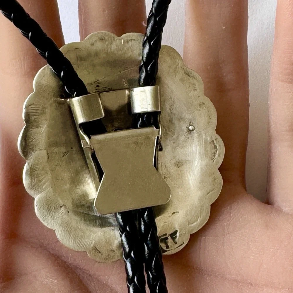 Navajo Golden‎ Hills Blue Turquoise Bolo Tie Sterling Signed TF Native American